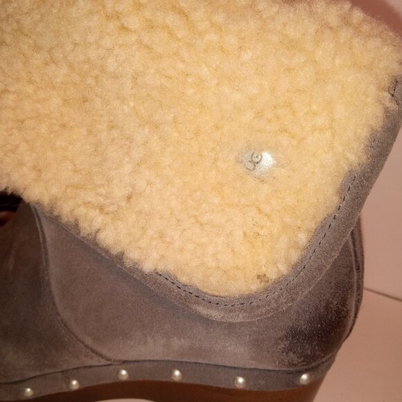 UGG Lynnea Wm 7US/38EU Gray Suede Shearling Ankle Boots Wooden Clog Soles - Picture 5 of 12